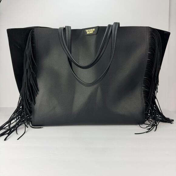 Victoria's Secret boho black fringe Vegan Leather XL Weekend tote bag - Picture 2 of 12